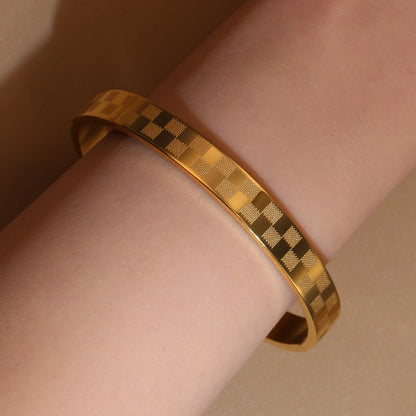 Luxury Polished Checkered Design Stainless Steel Crystal Wedding Party Bangle Bracelet