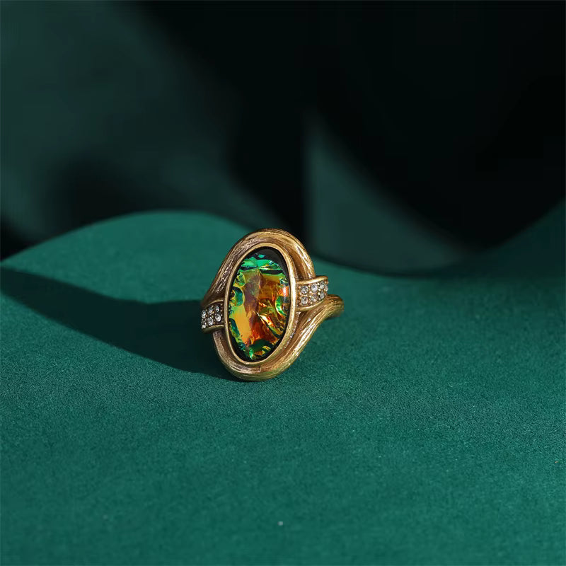 Women Vintage Antique Gold Color Oval Crystal Emerald Round Natural Stone Rings