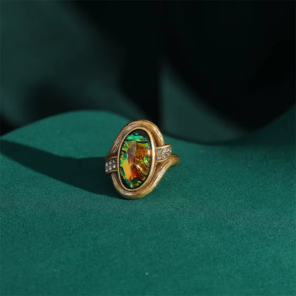 Women Vintage Antique Gold Color Oval Crystal Emerald Round Natural Stone Rings
