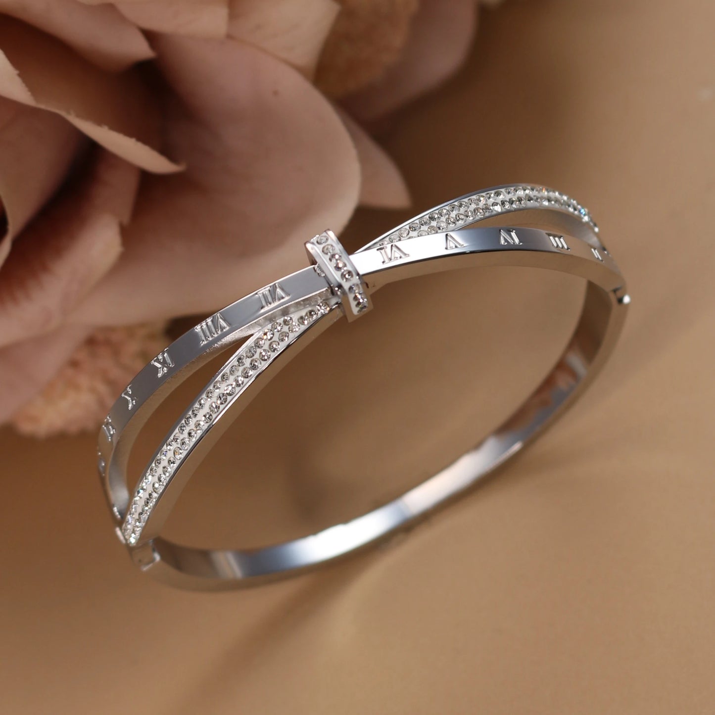 Love Charm 18k Gold Stainless Steel Crystal Cross Roman Numerals Bangle Bracelet