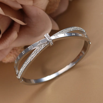 Love Charm 18k Gold Stainless Steel Crystal Cross Roman Numerals Bangle Bracelet
