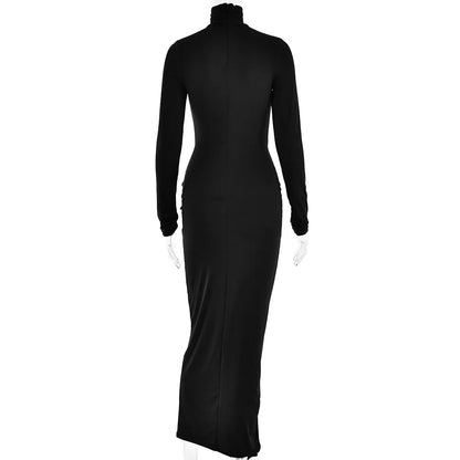 Women Turtleneck Long Sleeve Maxi Fashion Irregular Bodycon Long Evening Dress