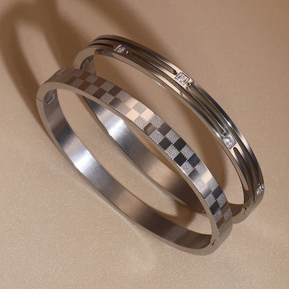 Luxury Polished Checkered Design Stainless Steel Crystal Wedding Party Bangle Bracelet