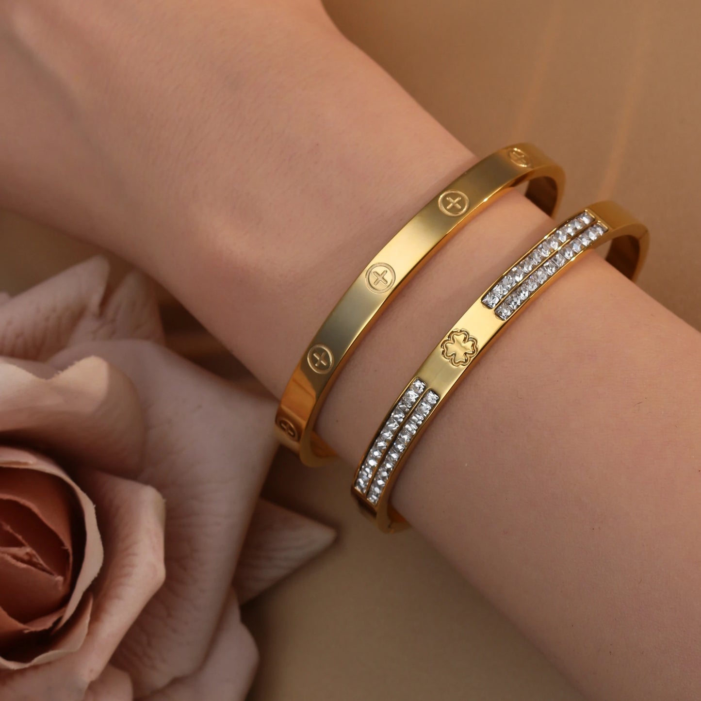 18K Gold-Plated Cross Screwdriver Stainless Steel Zircon Bangle Bracelet Women's Jewelry