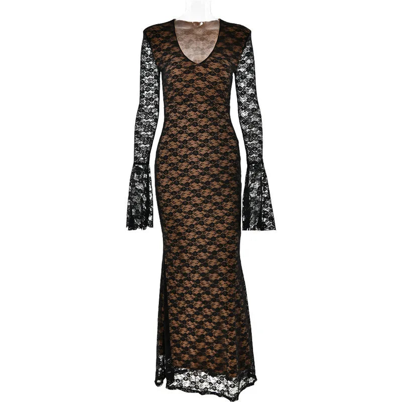 Elegant Lace Long Sleeve Maxi Fashion Deep V Neck Bodycon Party Long Dress