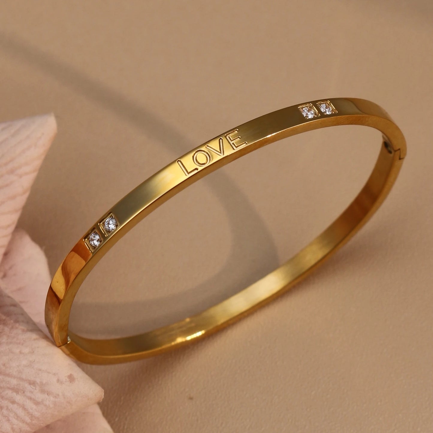 18K Gold-Plated LOVE Stainless Steel Zircon Openwork Bangle Bracelet Women's Jewelry