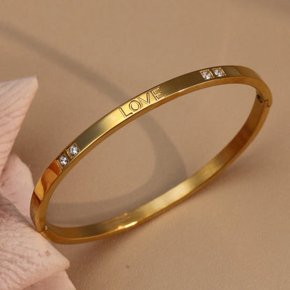 18K Gold-Plated LOVE Stainless Steel Zircon Openwork Bangle Bracelet Women's Jewelry