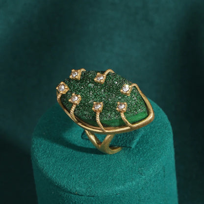 Women Vintage Antique Gold Color Oval Crystal Emerald Round Natural Stone Rings