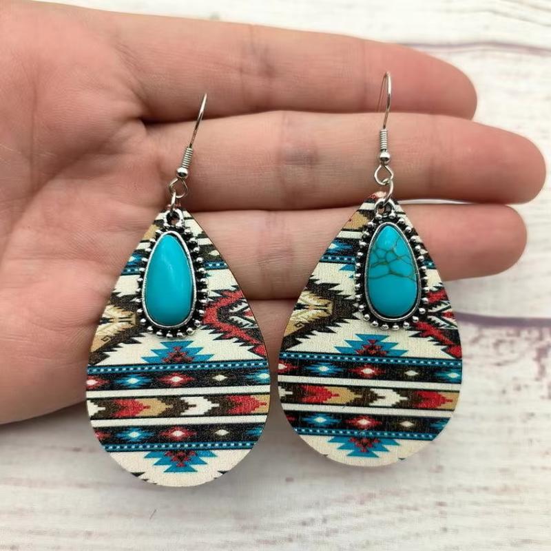 Women Bohon Vintage Turquoise Teardrop Aztec Wooden Earrings