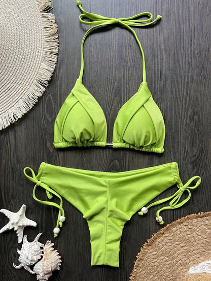 Solid Color Bikini Swimsuit Hanging Neck Rope Split Swimsuit 2-piece Beachwear Suit