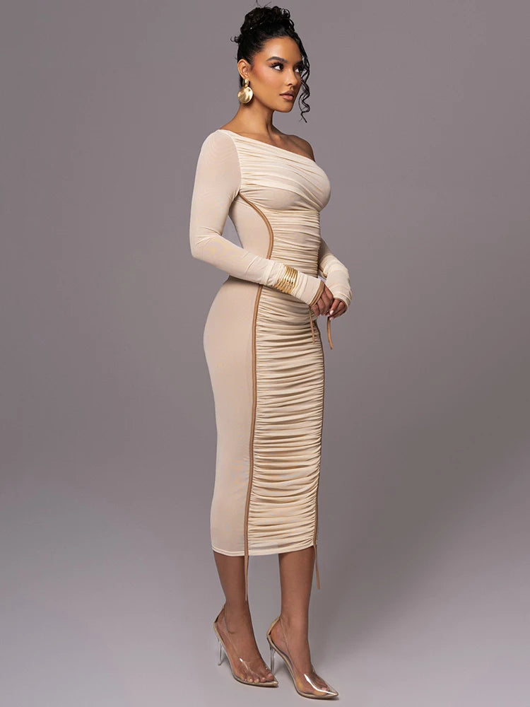 Sexy Diagonal Collar Long Sleeve Midi Two Layer Mesh Backless Ruched Bodycon Club Party Maxi Dress