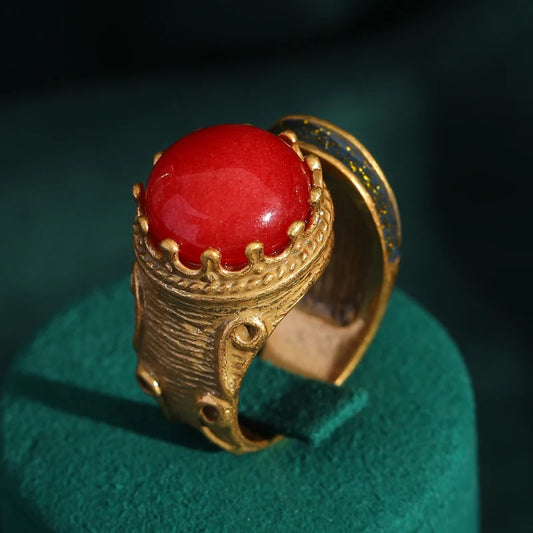 Women Red Round Natural Stone Vintage Crown Antique Gold Color Ring