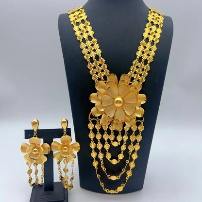Italian Long Flower Women Bridal Indian Dubai Gold Color Necklace Earrings Sets