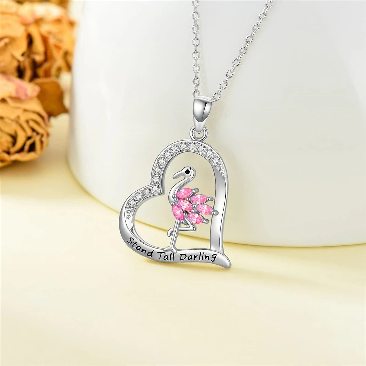 Women Fashion Cartoon Heart Shaped Flamingo Inlaid Pink Zircon Pendant Necklace Gift