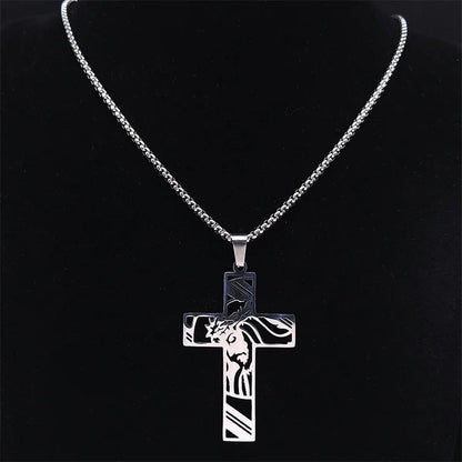 Men Stainless Steel Crucifix Jesus Christ God Cross Crown of Thorns Chain Necklace