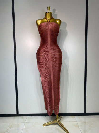 Women Sexy Celebrity Backless Halter Tassel Bandage Evening Party Birthday Wedding Dress