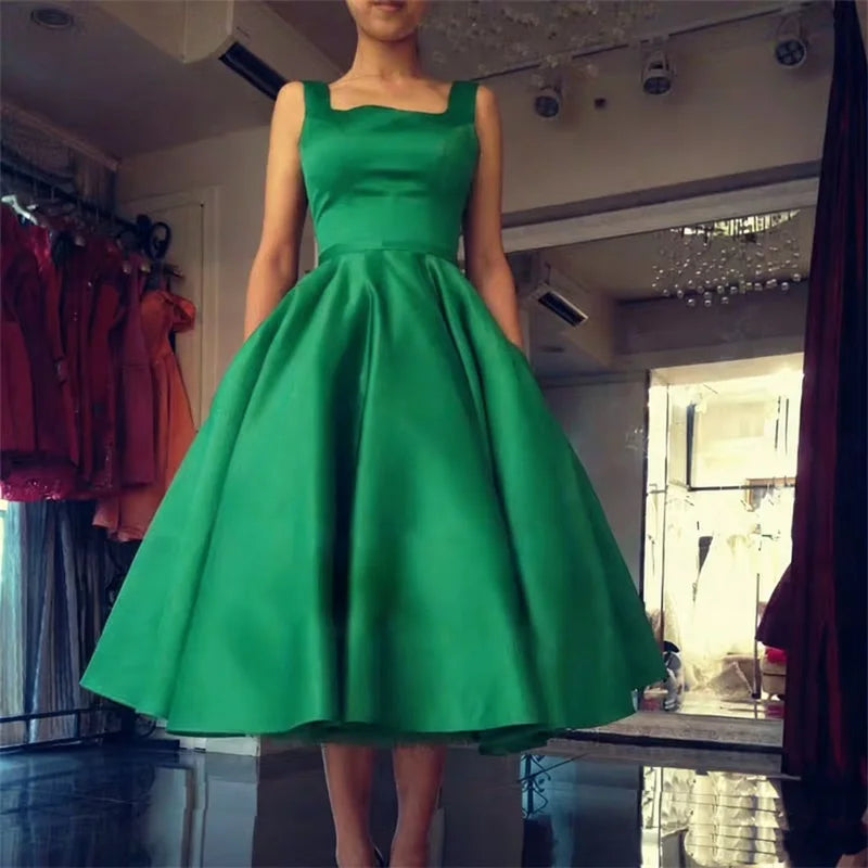 Women's Square Neck Satin Prom Bow A Line Backless Tea Length Formal Evening Party Dress w/ Pockets