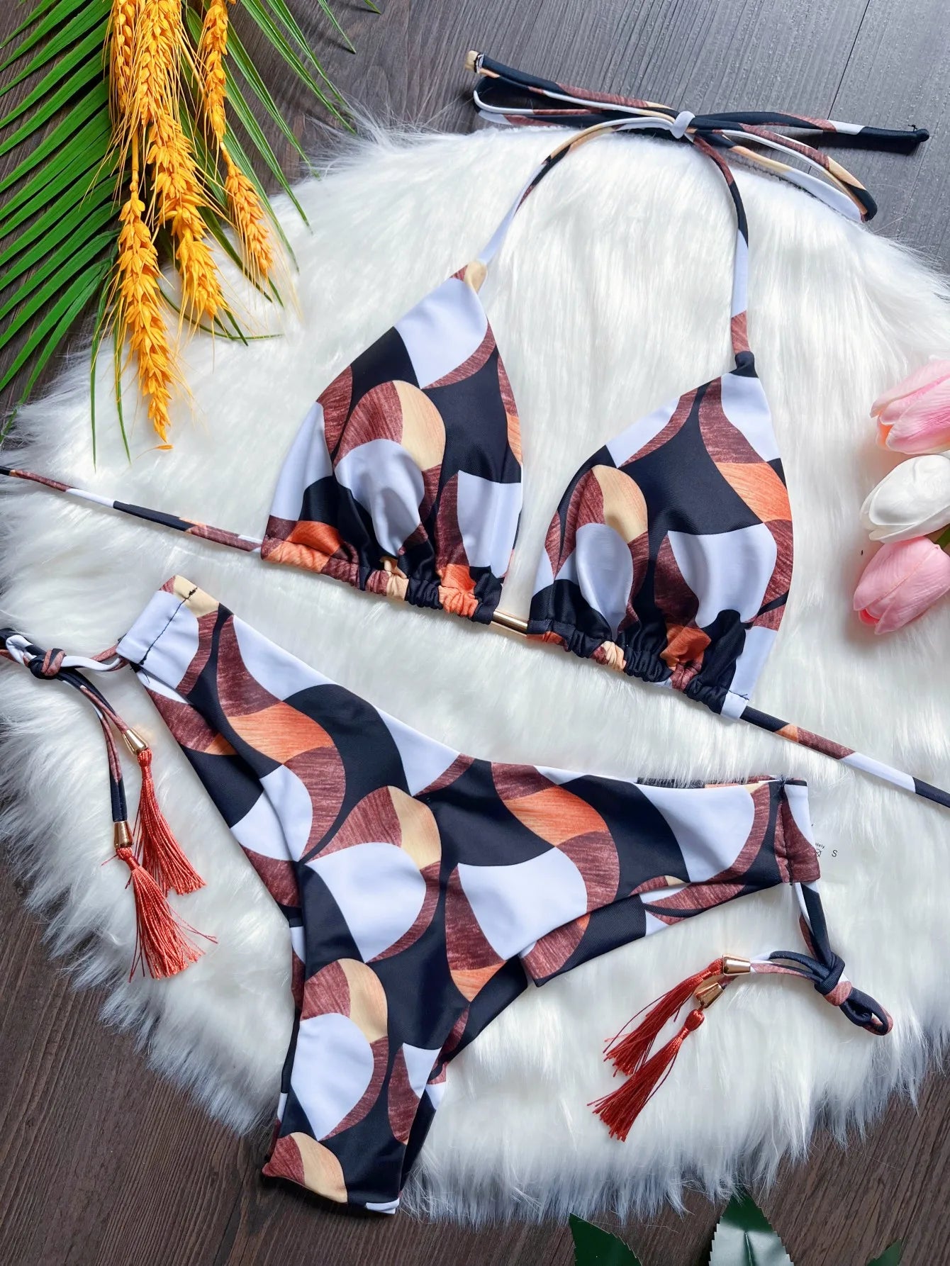 Sexy print bikini swimsuit split straps tassels 2-piece summer beach swimsuit Suit