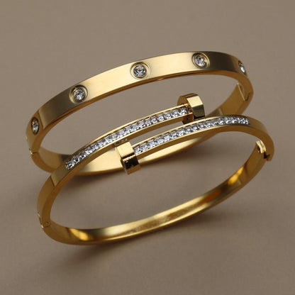 Fashion Cross Crystal Design Stainless Steel Gold Color Stacking Bracelet Bangle