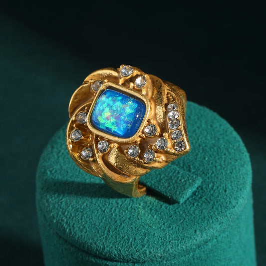 Vintage Blue Shell 18k Gold Color Shape Luxury Rhinestones Antique Wedding Ring