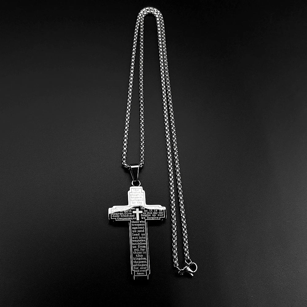 Men Stainless Steel Christian Bible Cross Religious Prayer Chain Big Pendant Necklace