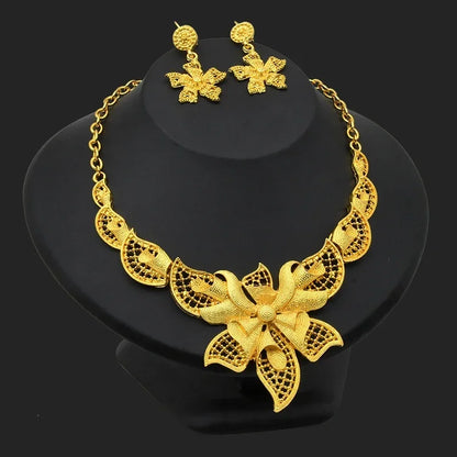 Brazilian 24K Gold Plated Women Dubai Indian African Bridal Wedding Big Pendant Necklace Earringsaf