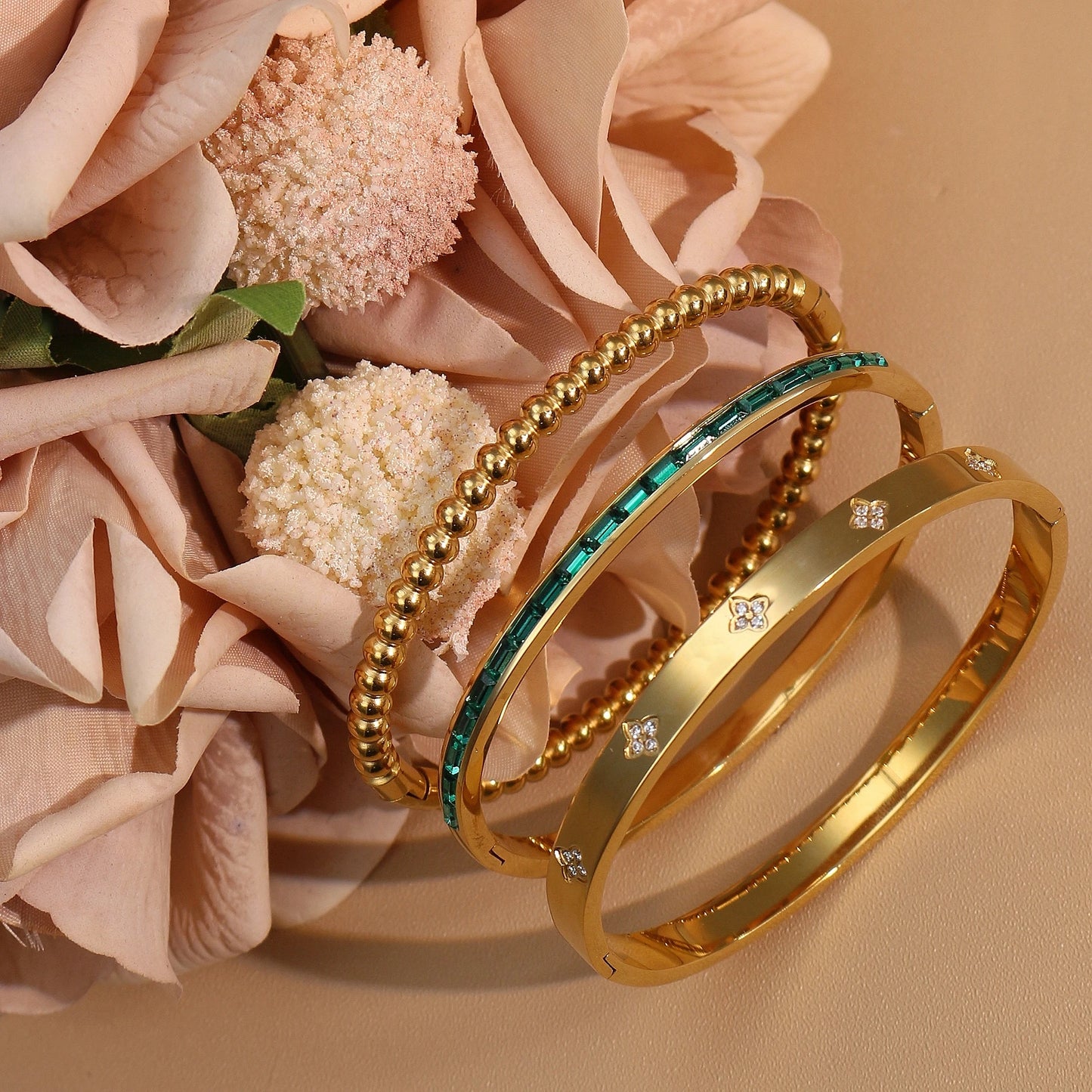 Women 18k Gold Plated Stainless Steel Green Zircon Bangles Bracelet Set Gift.