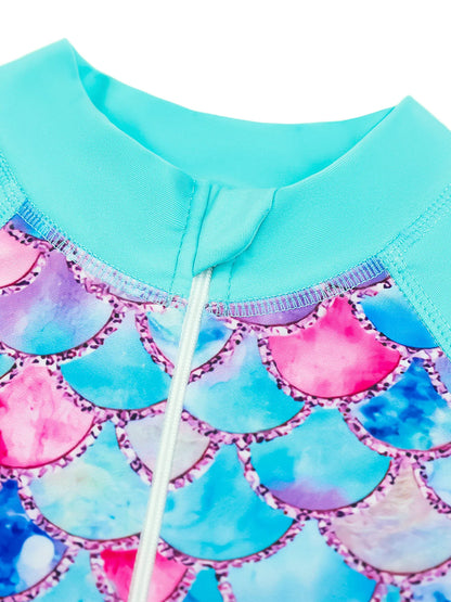 Girls Kids One-Piece Long Sleeve Sport 3D Scale Print Beach Boyleg Shorts Swimming Bathing Swimsuit Suit