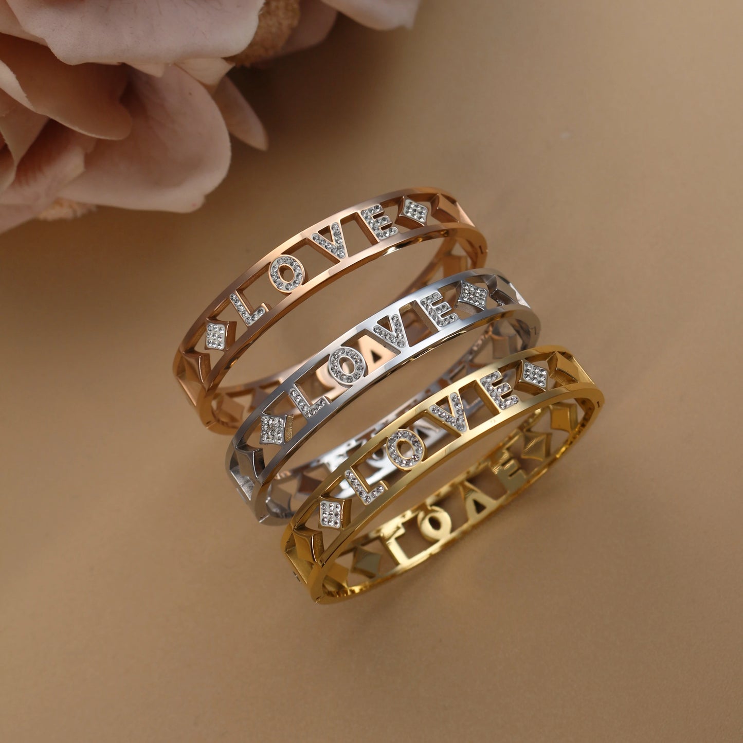 Delicate Crystal Crown LOVE Stainless Steel Gold Color Cutout Design Women's Charm Bracelet