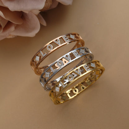 Delicate Crystal Crown LOVE Stainless Steel Gold Color Cutout Design Women's Charm Bracelet