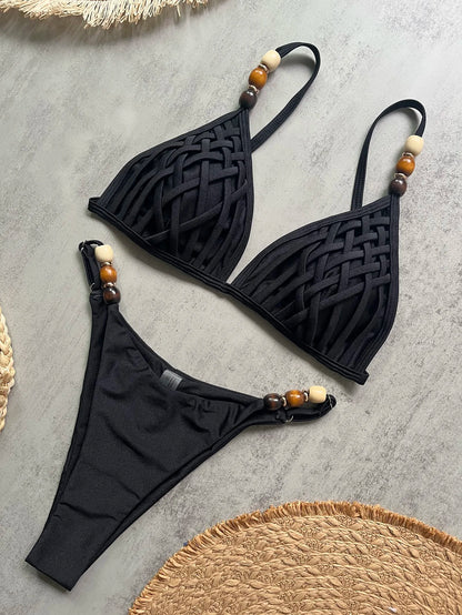 Sexy Women Pearls Strap Hole Out Push Up Bra Thong Swimsuit Brazilian Beach Bathing Micro Bikini Suit