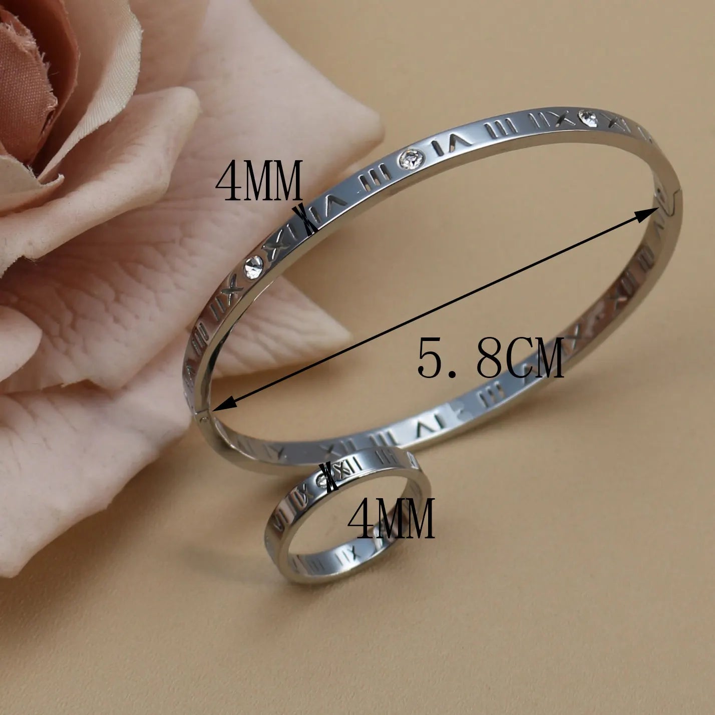 Stainless Steel 18K gold plated Roman Numeral Bracelet Bangles Ring 2-in-1 Jewelry
