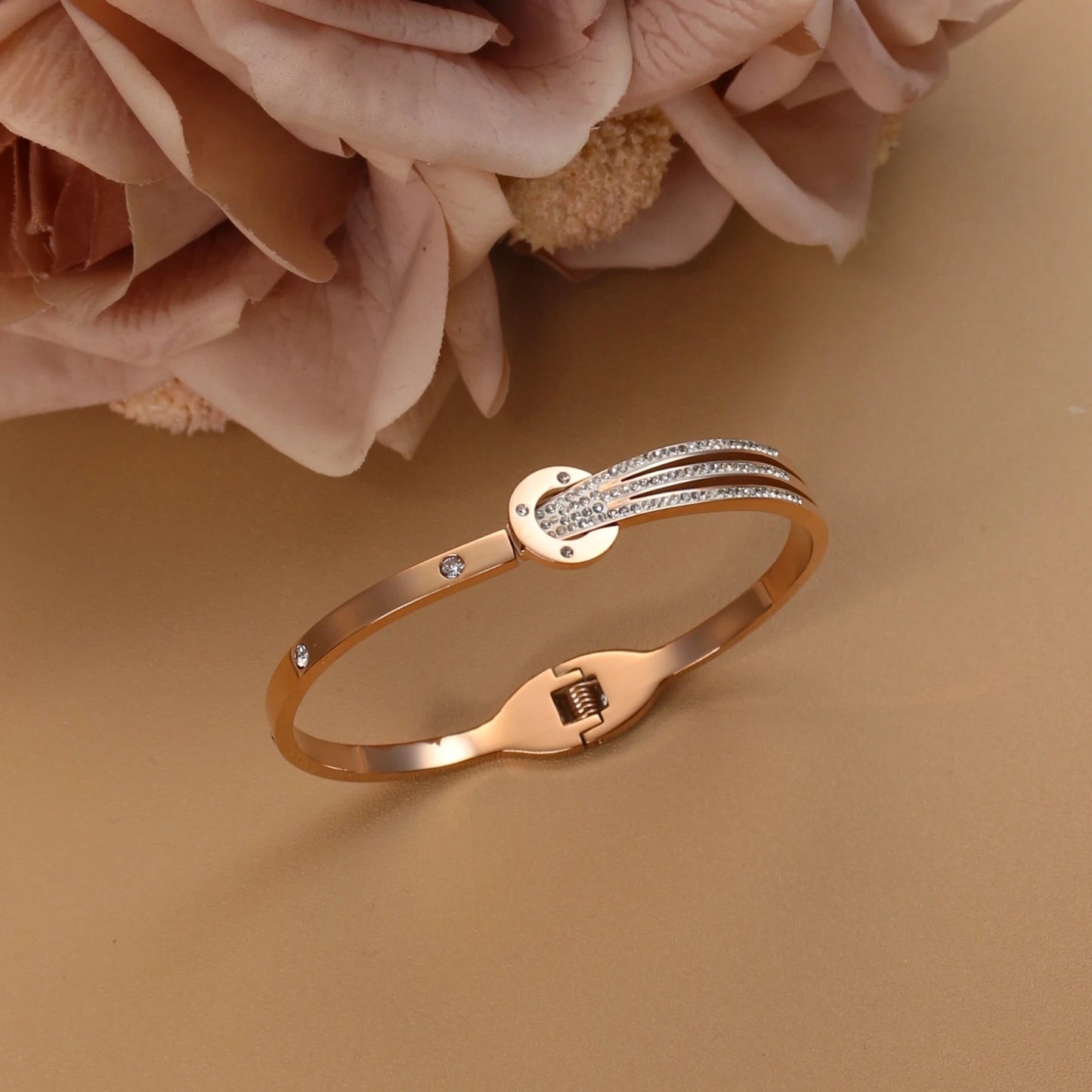 Women 18k Gold Plated Crystal Hollow Open Stainless Steel Bracelet
