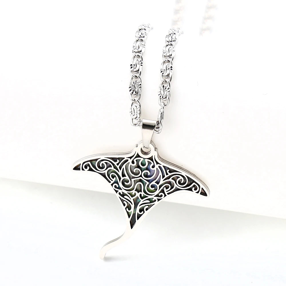 Women Men Stainless Steel Gold Color Ocean Animal Manta Ray Sea Devil Fish Abalone Shell Pendant Necklace