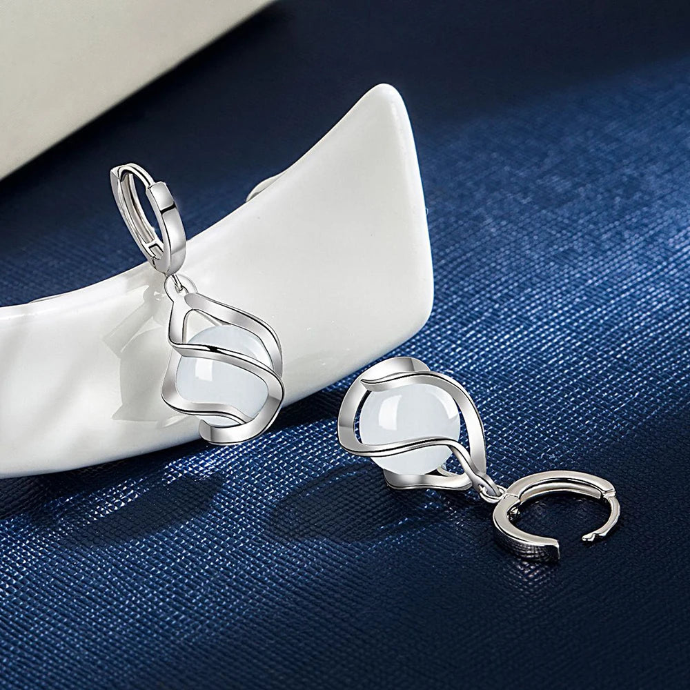 925 Sterling Silver Women's Opal Bridal Wedding Hollow Cage Drop Earrings