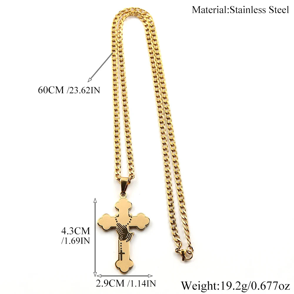 Women Men Gold Catholic Faith Rosary Jesus Cross Praying Hand Stainless Steel Box Chain Pendant Necklace