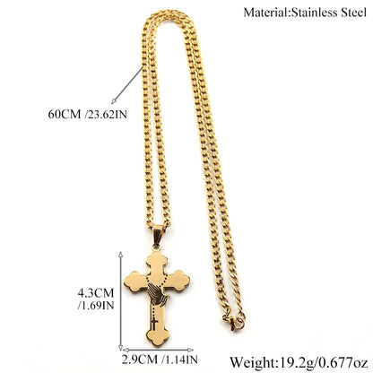 Women Men Gold Catholic Faith Rosary Jesus Cross Praying Hand Stainless Steel Box Chain Pendant Necklace