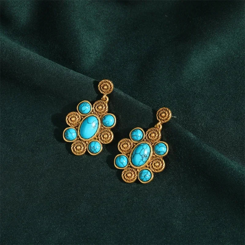 Women Gothic Vintage Designer Natural Blue Stone Stud Earrings