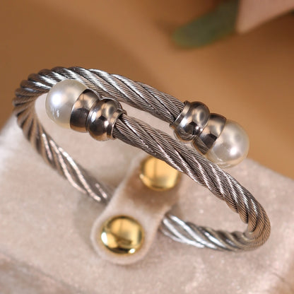 Women Fashionable Double Heart Stainless Steel Pearl Adjustable Bracelet Bangle
