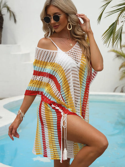 Women Knitted Beach Tunic String Split Beachwear Crochet Swimsuit Cover-ups Stripped Bathing Suit