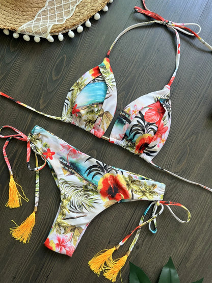 Women's Swimsuit Two-piece Triangle Halter Botany Print Bikini Swimwear Bathing Brazilian Suit