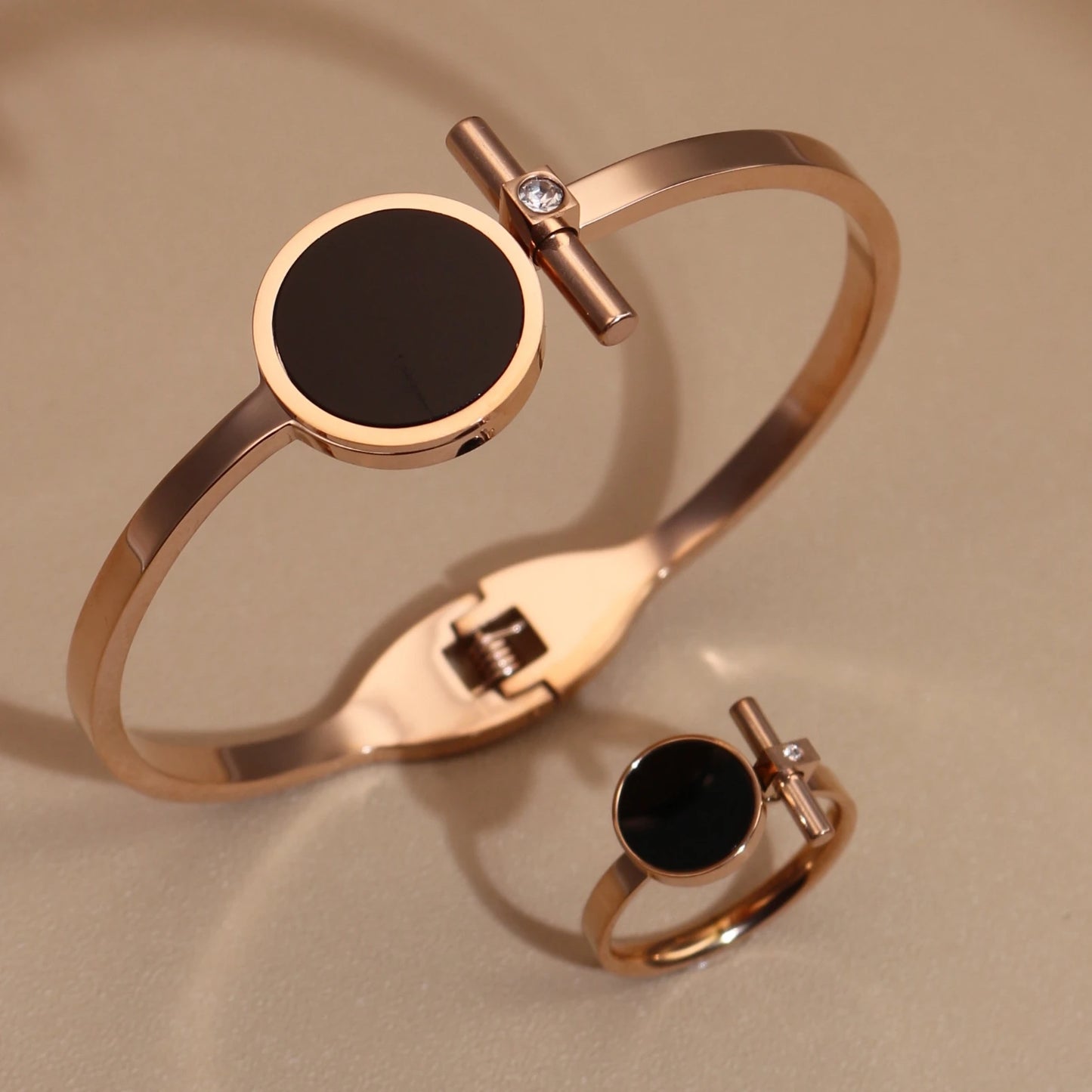 Women 2-In-1Black Acrylic Zirconia Stainless Steel Ring Bangle Bracelet Gifts Set