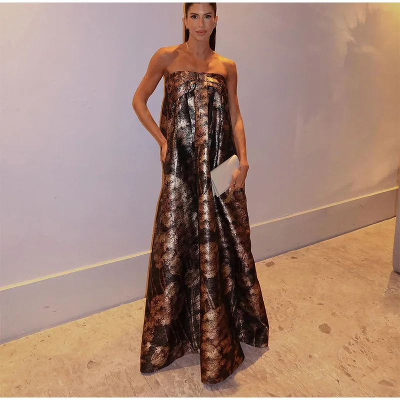 Elegant Leopard Print Strapless Pleated Long Chic Backless Off Shoulder Loose Prom Party Dress