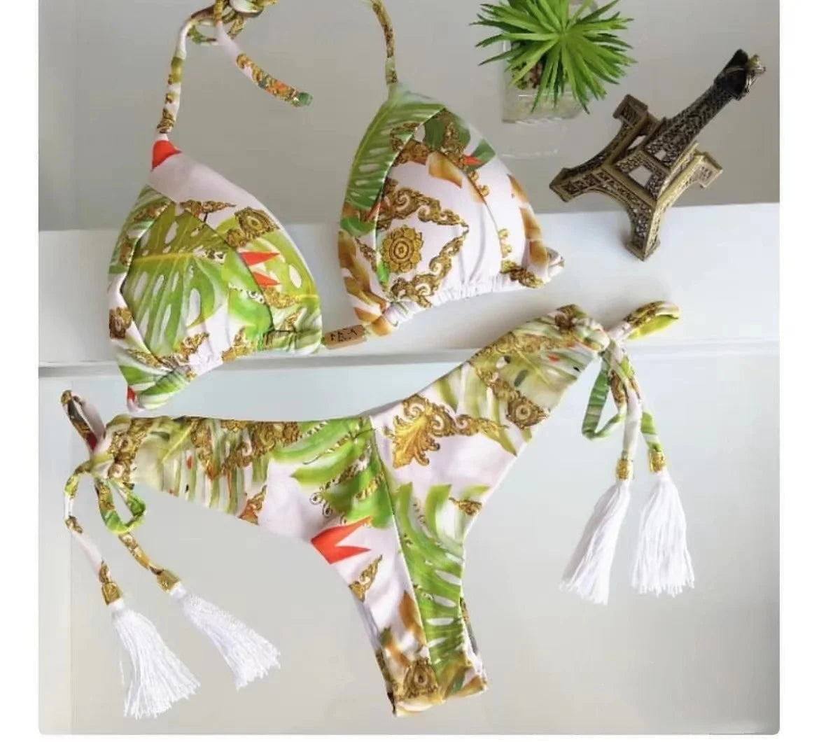 Sexy Print Bandage Women Swimsuit Two-piece Triangle Halter Swimwear Bathing Brazilian Bikinis Suit