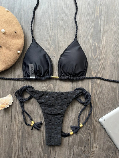 Women's two-piece set w/ push up hanging neck solid color bikini beach swimsuit