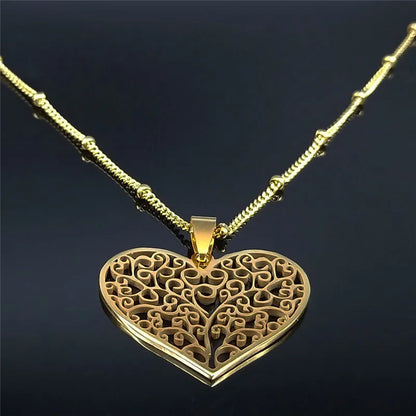 Aesthetic Love Heart Tree of Life Hollow Stainless Steel Gold Color Bead Chain Pendant Necklace