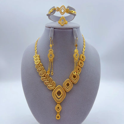 24K Gold Plated Women Wedding Dubai African Indian Brazilian Pendant Necklace Earrings