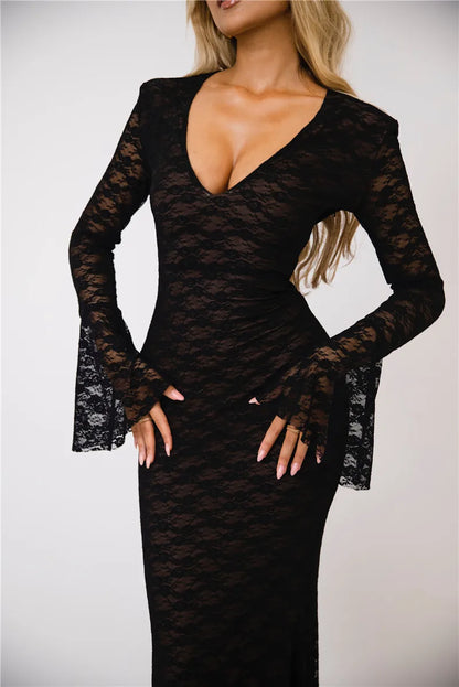 Elegant Lace Long Sleeve Maxi Fashion Deep V Neck Bodycon Party Long Dress