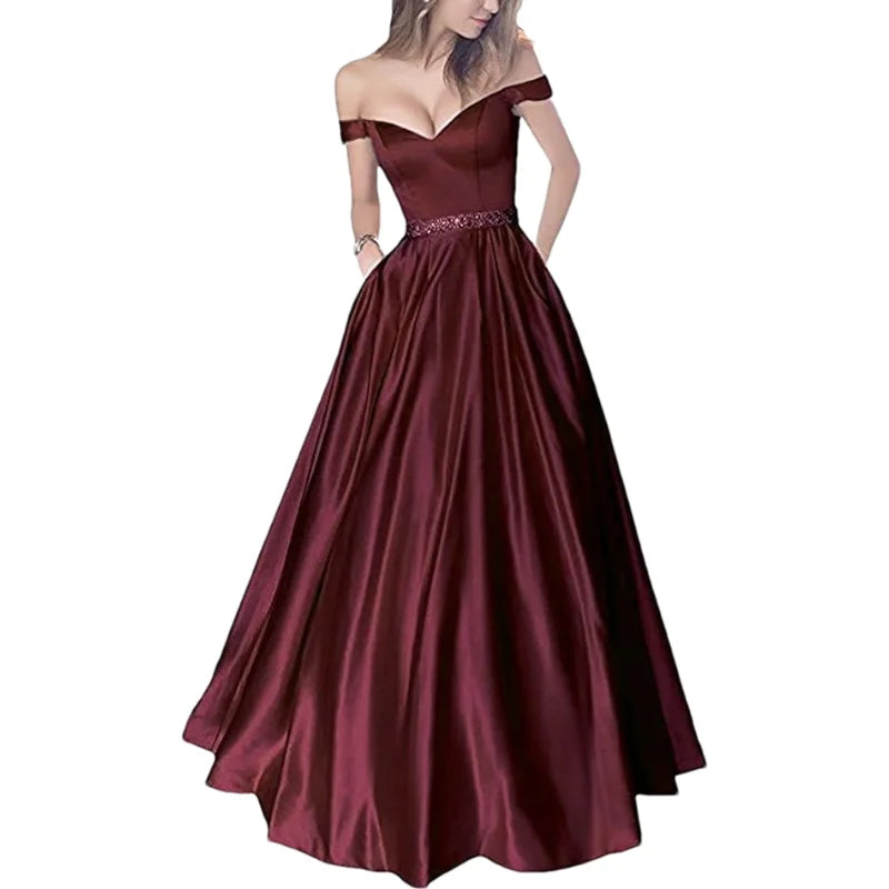 Women Off The Shoulder Beaded Satin V Neck Corset A Line Long Formal Prom Evening Party Gown Dress w/Pocket