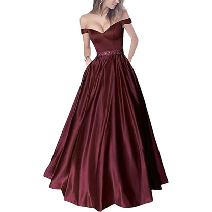 Women Off The Shoulder Beaded Satin V Neck Corset A Line Long Formal Prom Evening Party Gown Dress w/Pocket